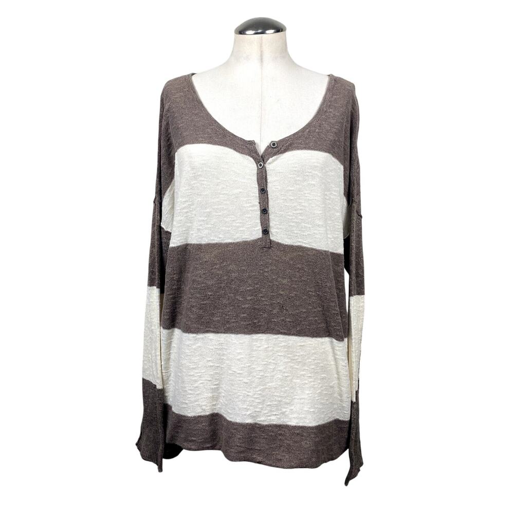 Free People Brown White Chunky Stripe Henley Sweater Raw Edges Boho Oversized S